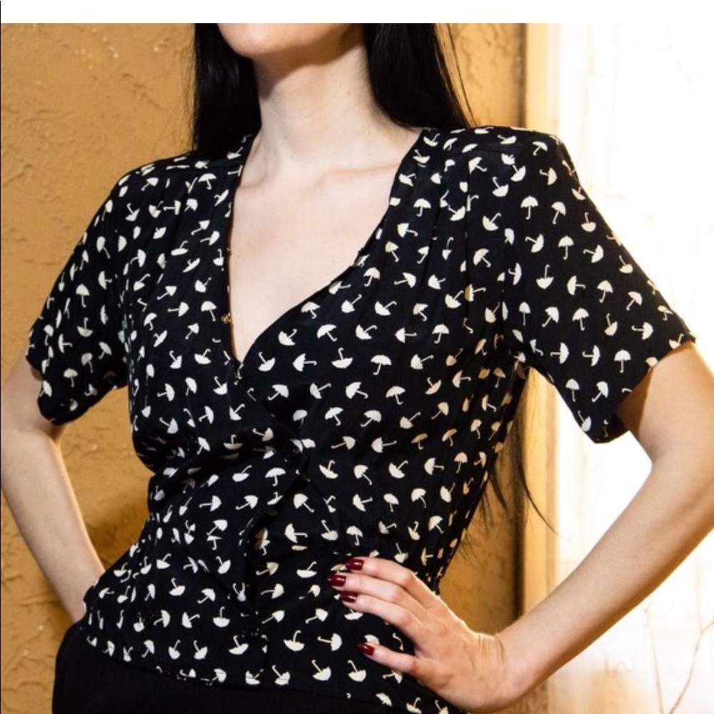 VTG 40’s Novelty Umbrella Print Rayon Blouse